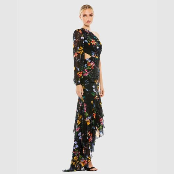 Mac‎ Duggal 55668 Size 2 Black Floral One Sleeve Cut Out Ruffled Maxi Dress Gown - Picture 4 of 5